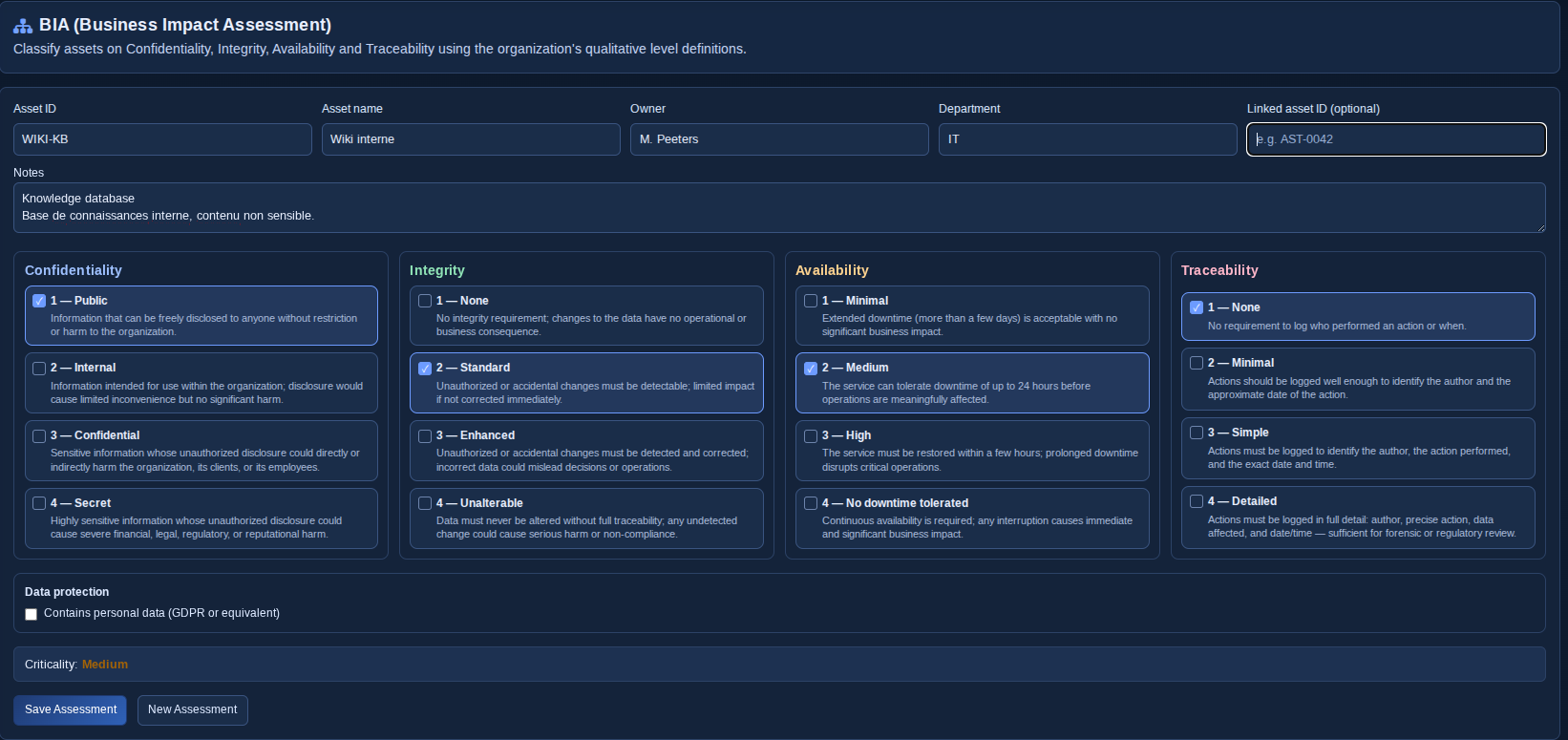 The BIA form in SynapseRM: four dimensions with qualitative level definitions written in business language, a GDPR flag and a computed criticality