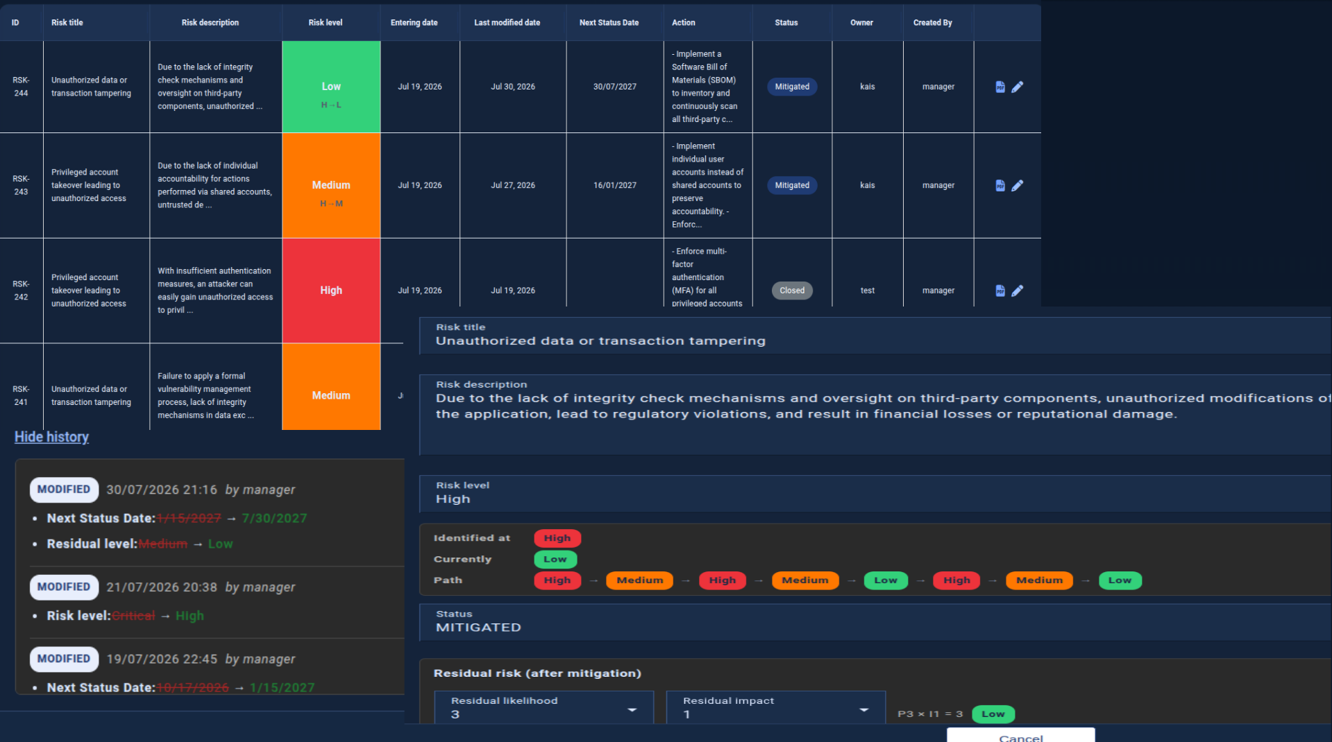 Risk registry with history